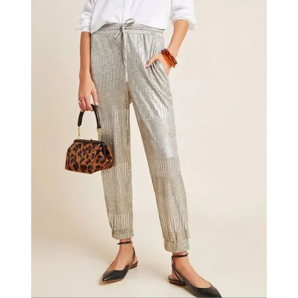 Bishop + Young Anthropologie Metallic Draw String Elastic Waist Jogger Small